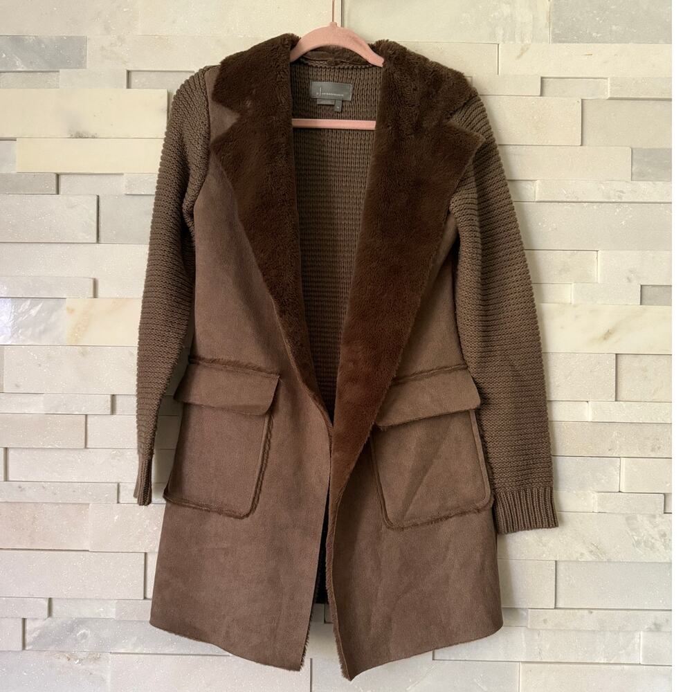 ANTHROPOLOGIE Piper Open Front Faux Fur Trim Ribbed Sweater Coat Pocket XS Brown - Picture 2 of 6